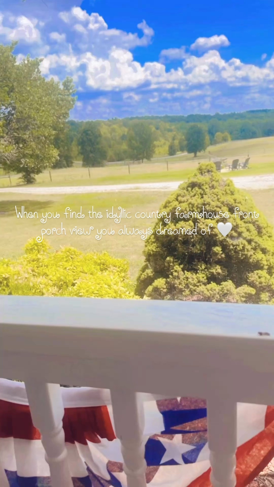 My favorite view 🇺🇸🌾☀️ Oh how thankful we are to have finally found our dream 💭 sweet farmhouse 🏡 on the hill ⛰️ overlooking these beautiful 12.5 acres 🌳 - just a pure slice of heaven on earth and gift from God!! 🪻🌼 #farmhouseonthehill #farmlife #frontporchview #countryliving #farmhouseliving