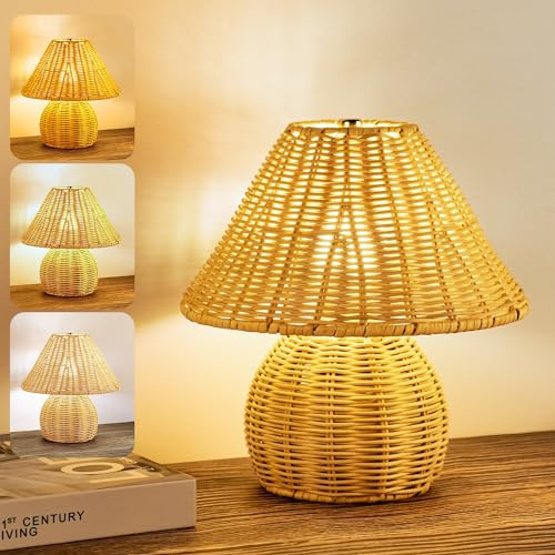 WERFOP Small Rattan Table Lamp Bamboo Handmade Boho Beside Lamp,3 Colors Adjustable Vintage Wicker Wooden Nightstand Lamp with E26 Bulb for Bedroom Living Room Desk Entrance | Amazon (US)