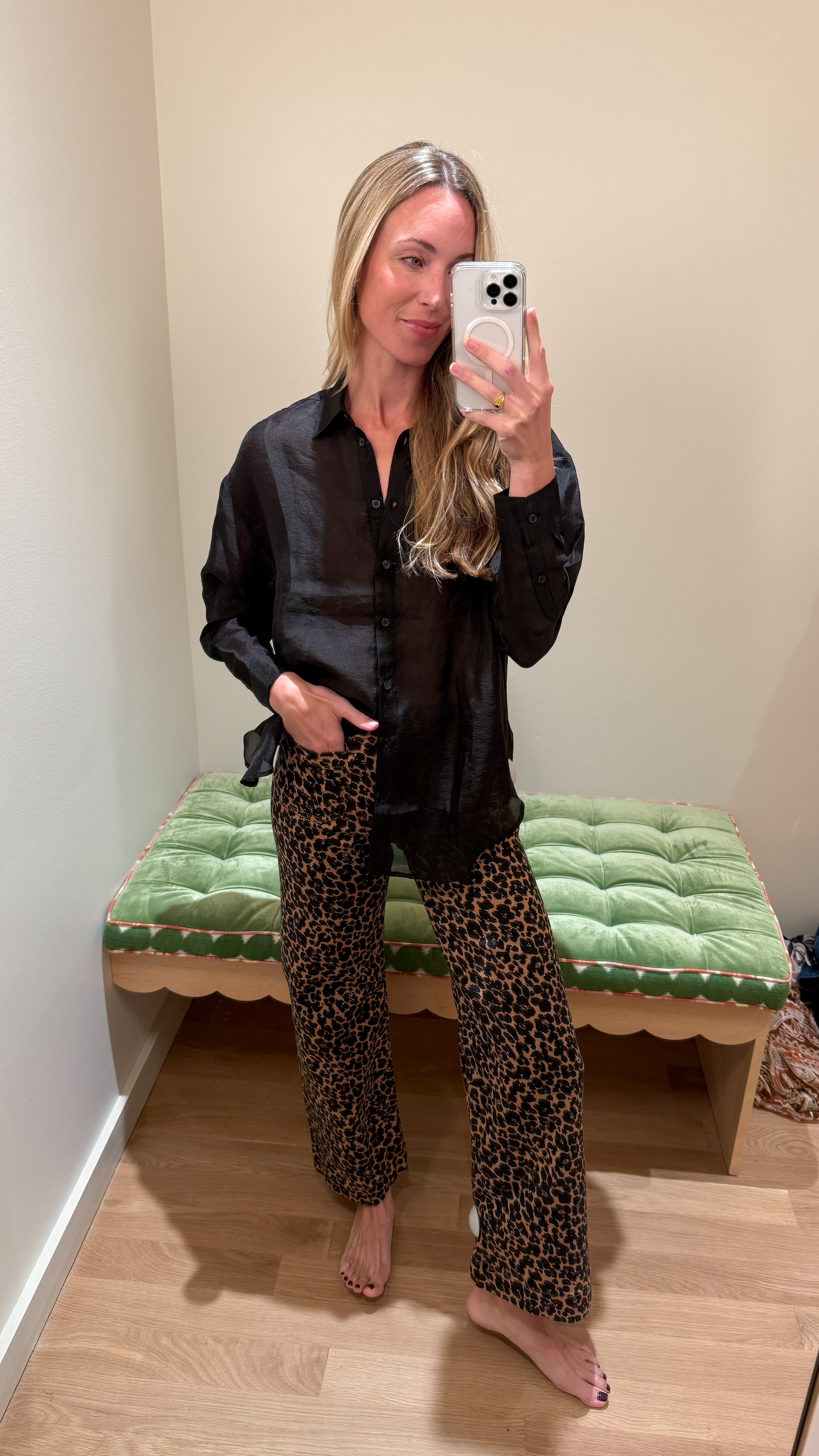 Leopard pants outfit with sheer shirt. Pants TTS and have a bit of stretch, shirt TTS. 

 #LTKSeasonal