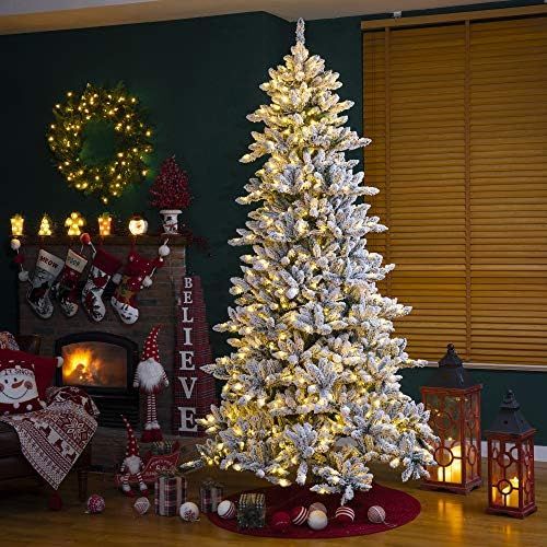 Glitzhome 9ft Pre-lit Snow Flocked Fir Artificial Christmas Tree w/Easy Assembly Metal Stand Arti... | Amazon (US)