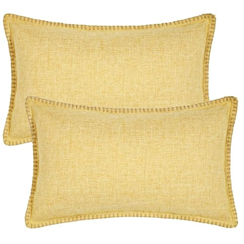 decorUhome Decorative Outdoor Throw Pillow Covers 12x20 Set of 2, Lumbar Linen Rustic Neutral Farmhouse Pillow Covers with Stitched Edge for Couch, Sofa, Living Room, Mustard Yellow | Amazon (US)