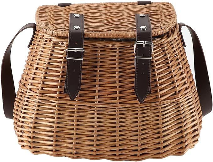 Fishing Creel Basket, Wicker Picnic Basket, Carrying Basket with Lid and Shoulder Strap | Amazon (US)