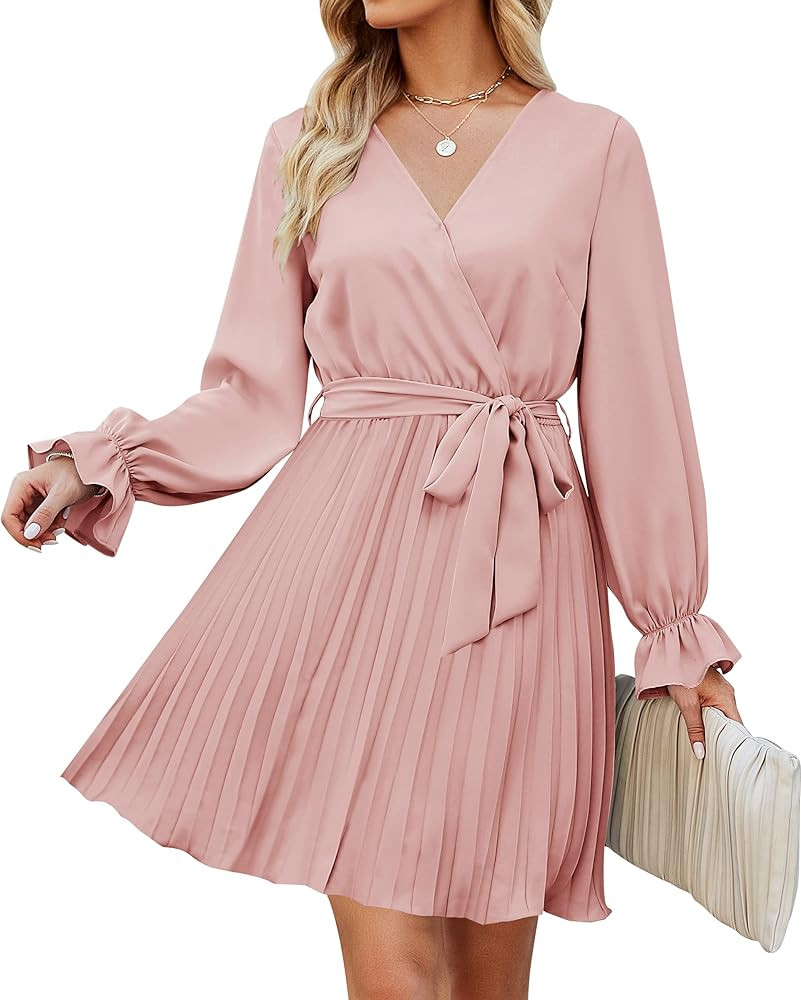 ZESICA Women's 2023 Casual Wrap V Neck Long Sleeve Tie Waist Swing Pleated Wedding Guest Mini Dre... | Amazon (US)