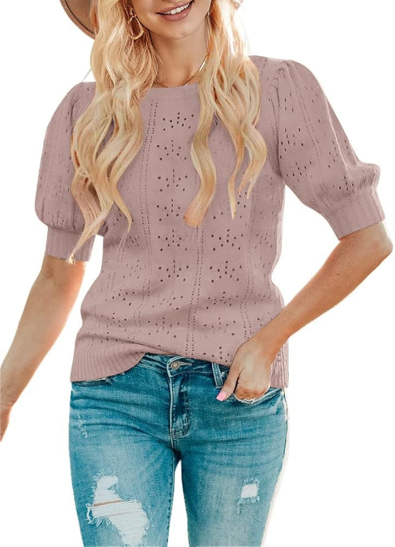 MEROKEETY Women's Puff Short Sleeve Sweater Tops Crew Neck Crochet Knit Soft Pullover Shirt | Amazon (US)