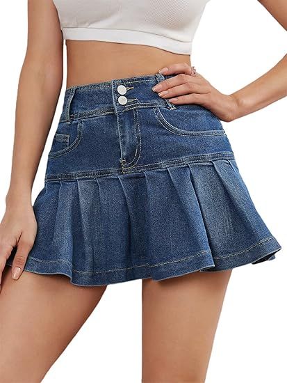 Verdusa Women's Y2K Ruffle Hem High Waist Short A Line Flared Denim Skirt | Amazon (US)