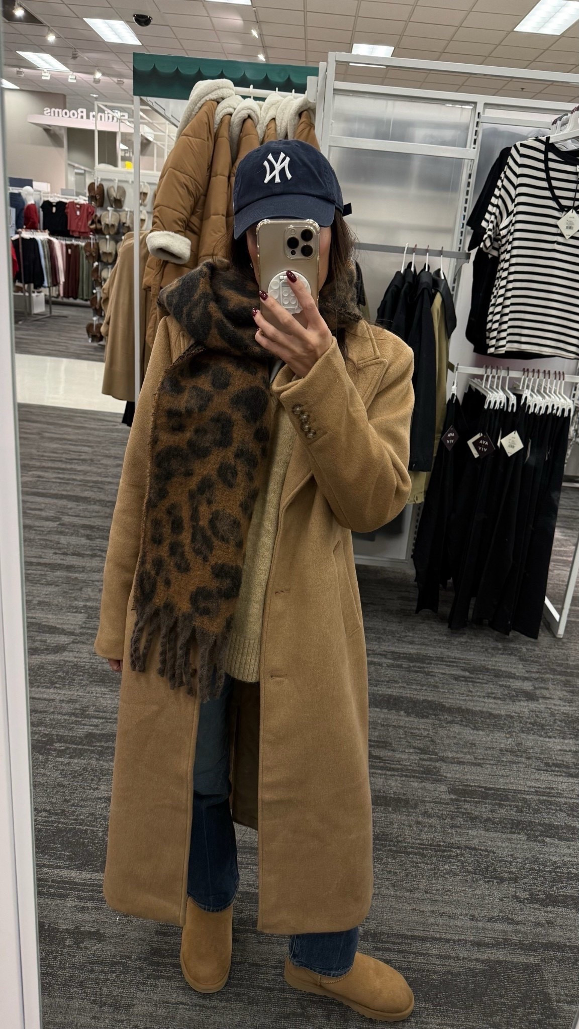 Cozy winter outfit 
Leopard scarf from @target @targetfashion 
Tan wool coat from @abercrombie 
Jeans from @madewell

#LTKSeasonal #LTKFindsUnder50