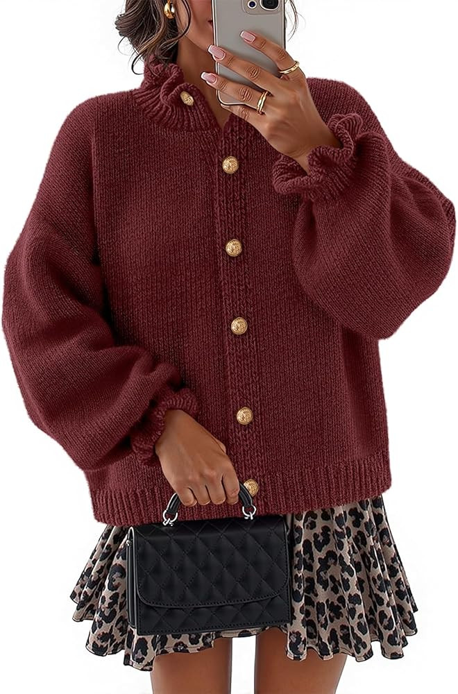 MEROKEETY Women's Fall 2025 Chunky Cardigan Sweaters Trendy Ruffle Button Down Long Sleeve Casual... | Amazon (US)