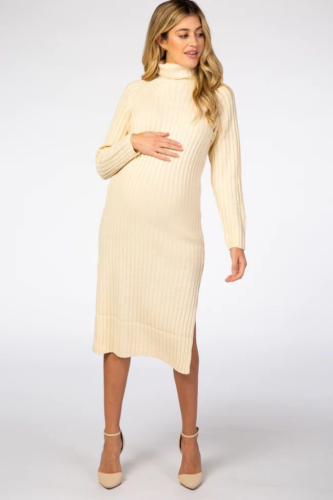 Cream Long Sleeve Turtleneck Maternity Sweater Dress | PinkBlush Maternity
