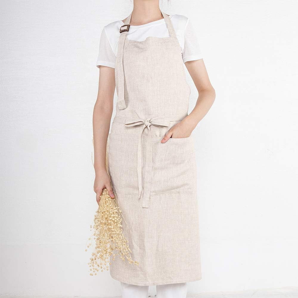 ATLINIA 100% Linen Apron with Buttons Adjustable Bib Apron with Pockets Linen Half Apron Bistro A... | Amazon (US)