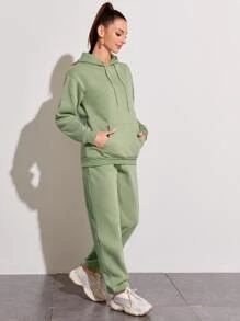HomeWomen ClothingWomen Co-ordsWomen Two-piece OutfitsDrawstring Drop Shoulder Thermal Lined Hood... | SHEIN
