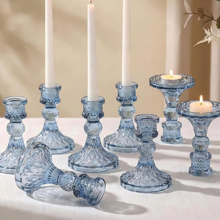 Glass Candle Holder Set of 12, Blue Taper Candle Holders Bulk | Amazon (US)