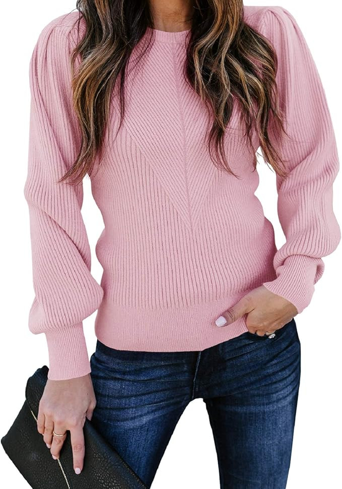 Huiyuzhi Womens Puff Sleeve Pullover Sweaters Crew Neck Soft Slim Fit Solid Color Knitted Jumper | Amazon (US)