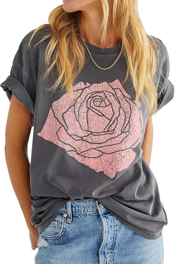 Womens Rose Graphic Tee T Shirt Loose Fit Summer Short Sleeve Boyfriend Casual Crew Neck Tops | Amazon (US)