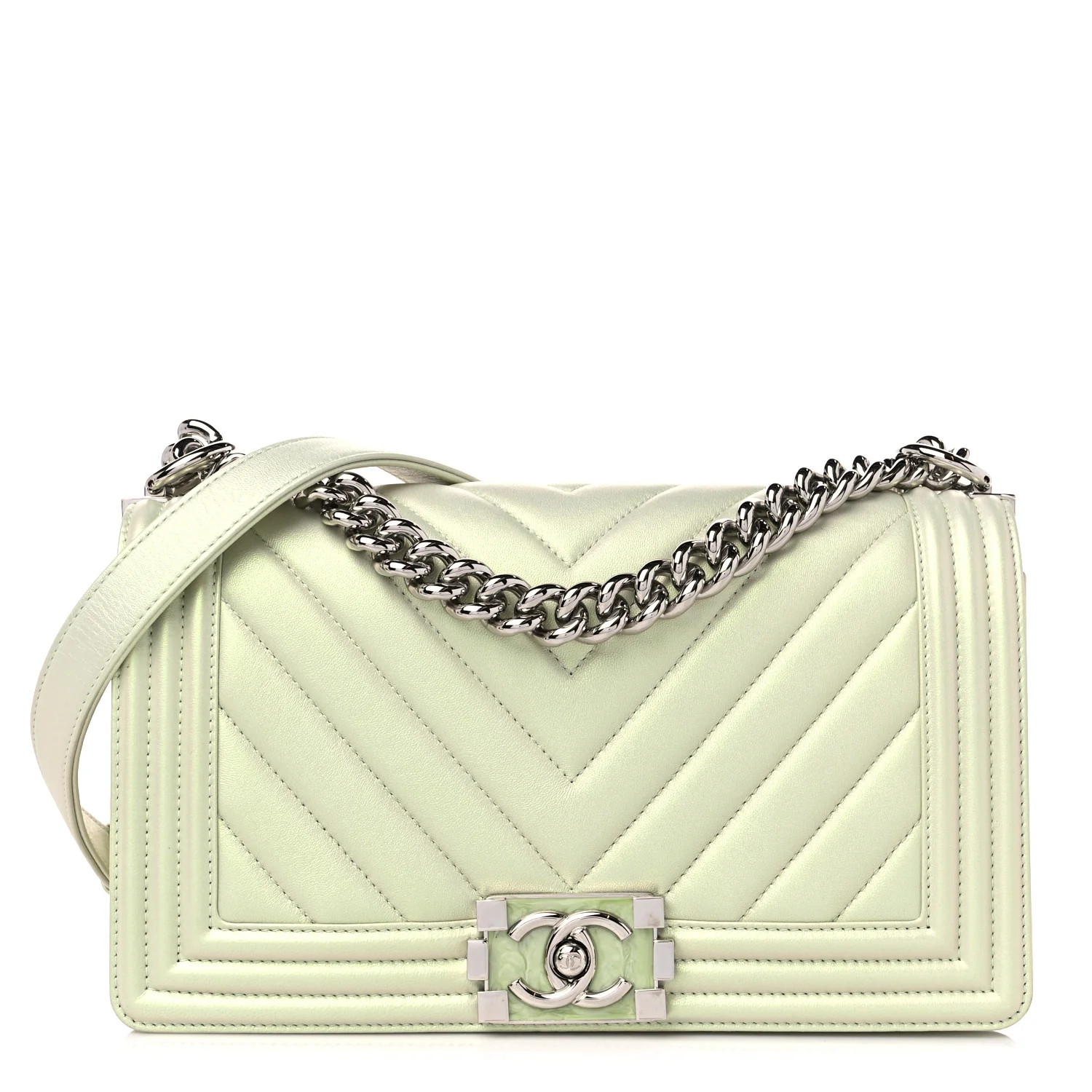 Iridescent Lambskin Chevron Quilted Medium Boy Flap Green | FASHIONPHILE (US)