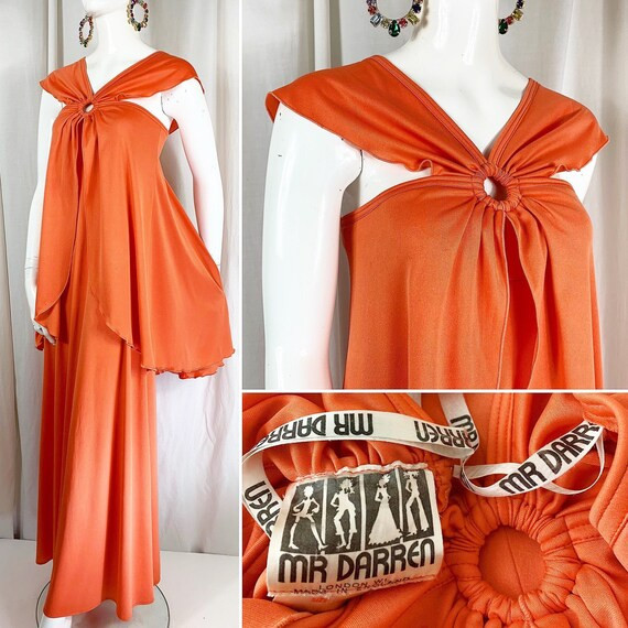 1970's Apricot Draped Jersey Dress featuring Cape Detail ... UK 10 ... Label: Mr Darren  / London... | Etsy (US)