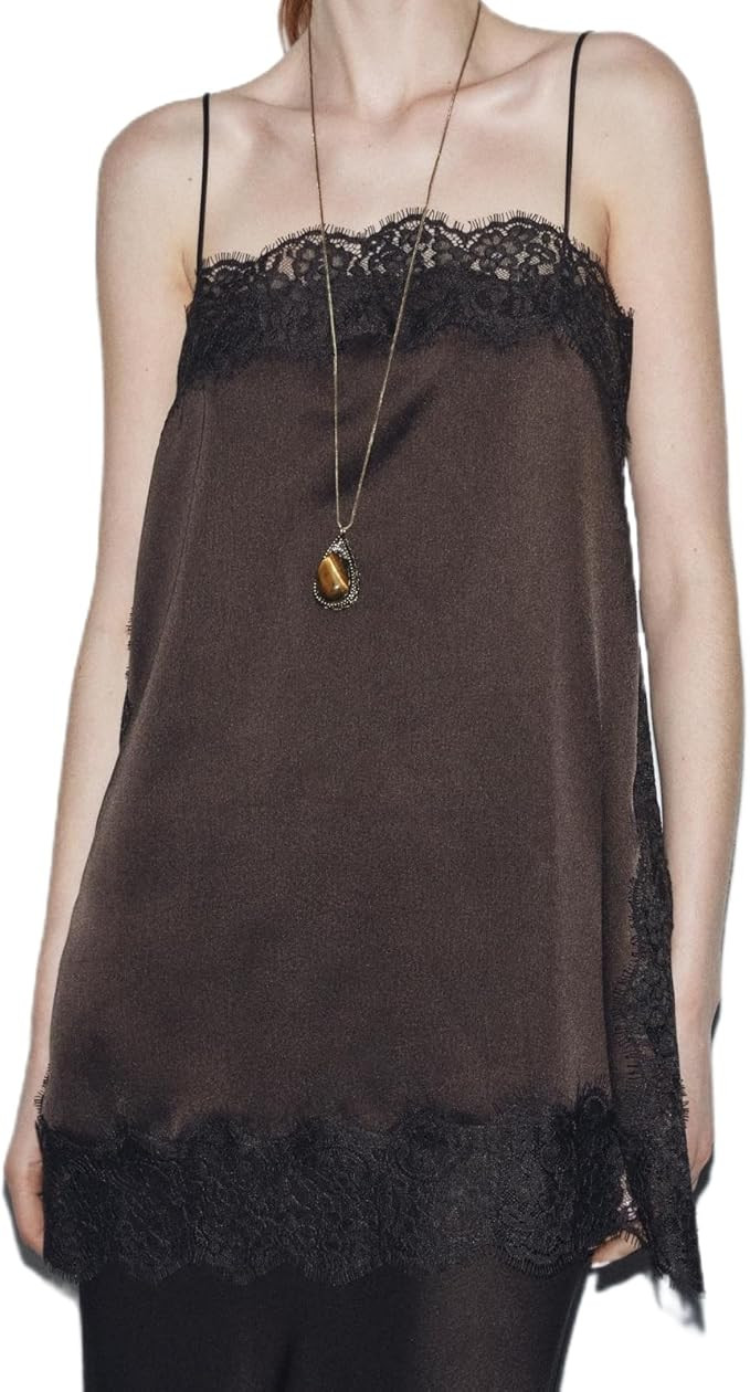 Women Y2k Satin Lace Trim Cami Tops Spaghetti Strap Square Neck Lace Patchwork Silk Camisole Tank... | Amazon (US)