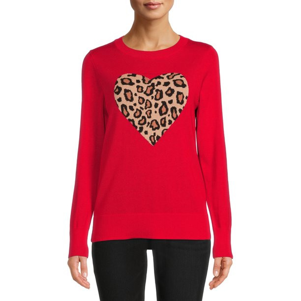 Time and Tru Women's Red Leopard Heart Sweater - Walmart.com | Walmart (US)