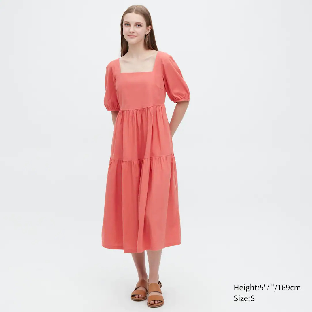 Linen Blend Shirring Volume Sleeved Dress | UNIQLO (UK)