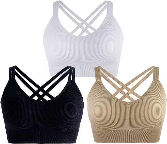 Venbond 3Pack Women's Seamless Strappy Sport Bra Padded Wirefree Criss Cross Cropped Ribbed Worko... | Amazon (US)