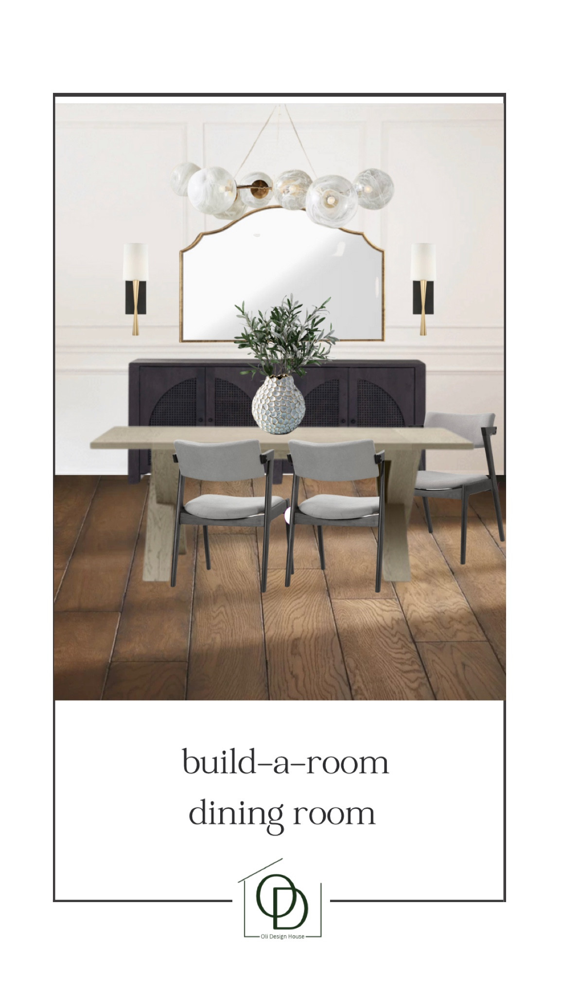 It’s Saturday, which means result day from the Build-a-Room fun in stories on IG. This week with did a dining room and the winning choices are a cross legged modern dining table, grey and black dining chairs, gold arch mirror, black and gold sconces, a black sideboard with cane doors and a scalloped white vase  

#LTKhome #LTKunder100 #LTKsalealert