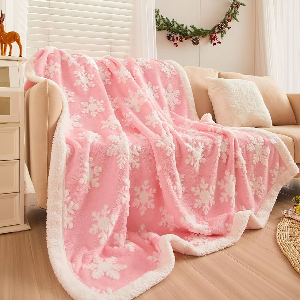 YIRDDEO Fleece Throw Blanket Pink Picnic Blankets for Couch Christmas Winter Blankets with White ... | Amazon (US)