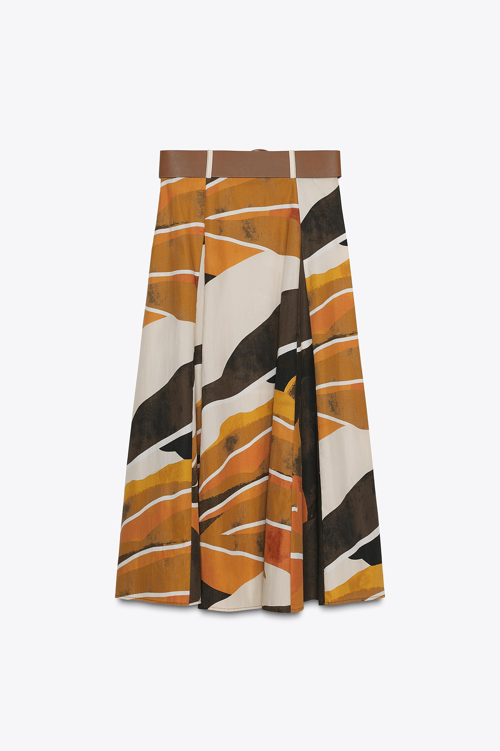 PRINTED POPLIN BELTED SKIRT | Zara US