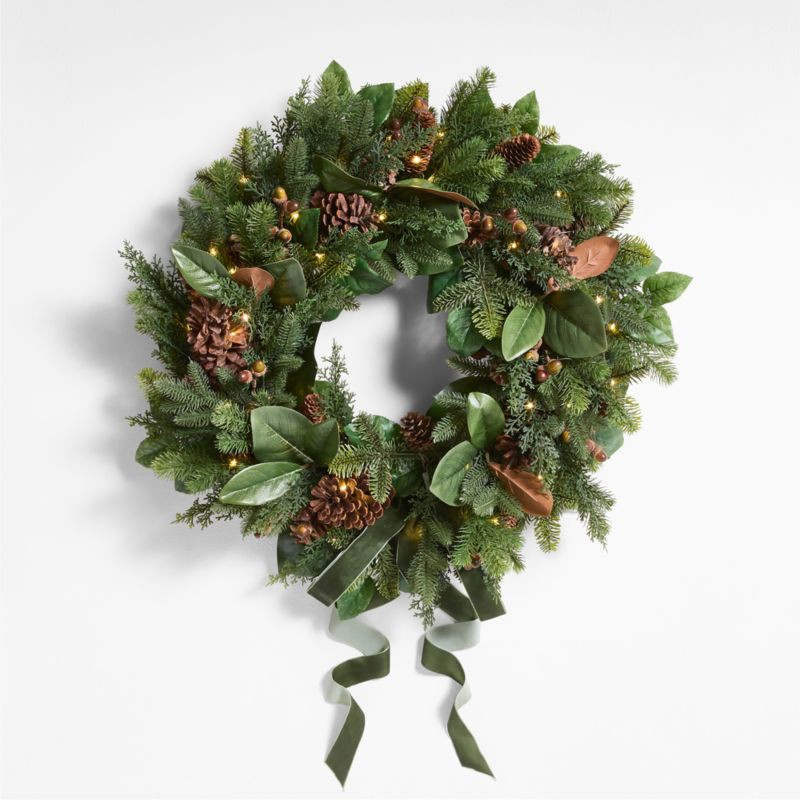 Faux Magnolia and Pinecone Pre-Lit Holiday Wreath 28" + Reviews | Crate & Barrel | Crate & Barrel