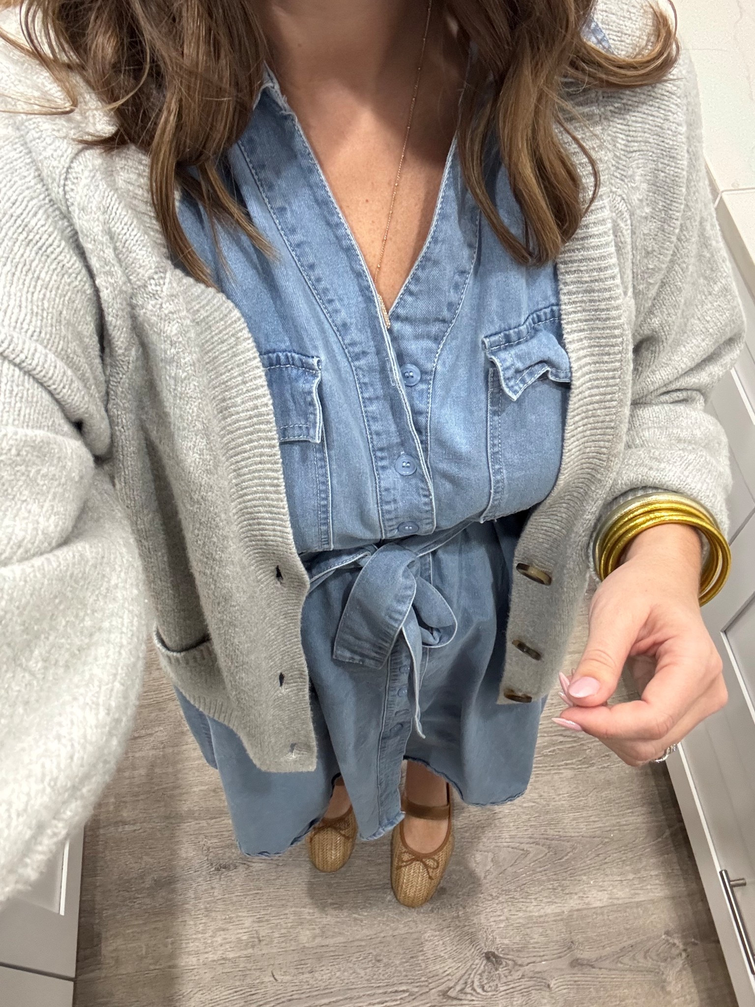 Back in my favorite work dress- soft denim, flatting tie belt & the perfect length. Cutest @Target flats 

Tts- medium 

#LTKgrwm #LTKMidsize #LTKootd