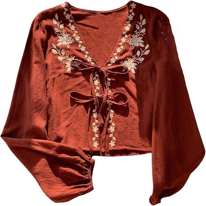 GORGLITTER Women's Floral Embroidered Tie Front Crop Top Boho Linen V Neck Lantern Sleeve Blouse ... | Amazon (US)