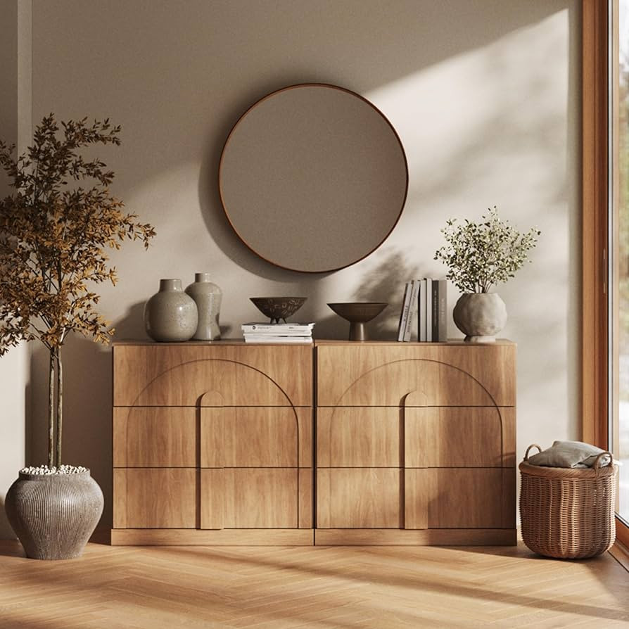 BELLEZE Sideboard Cabinet with 3 Drawers, Set of 2 Modern Wood Buffet Cabinet with Arc Design, La... | Amazon (US)