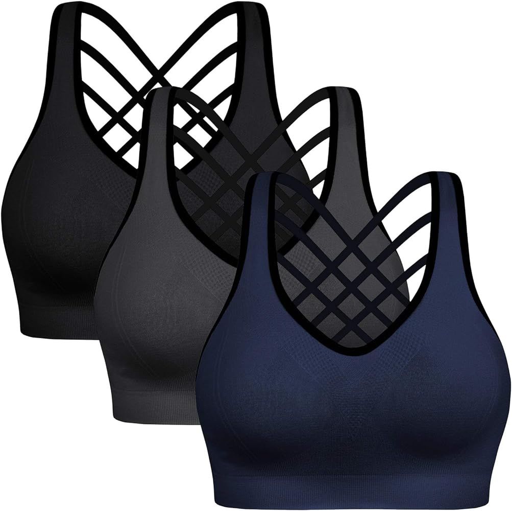 Padded Strappy Sports Bras for Women - Activewear Tops for Yoga Running Fitness Pack of 3 | Amazon (US)