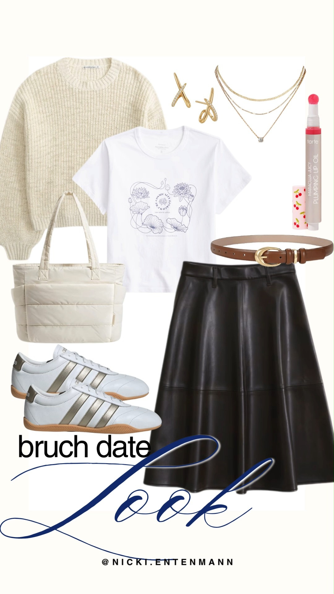 Savor your next Sunday morning in this perfectly balanced brunch date look. The rich texture of a faux-leather midi skirt paired with a graphic tee and a cozy cream sweater creates a vibe that is equal parts edgy and feminine. Polished off with metallic-striped sneakers and gold hardware, it’s the ultimate ensemble for mimosas and menu-browsing.

#brunchstyle #brunchootd #weekendvibes #skirtstyle #casualchic #springfashion #ootdinspo #streetstyle #outfitgoals #everydaystyle 

 #LTKootd #LTKmomlife #LTKSaleAlert