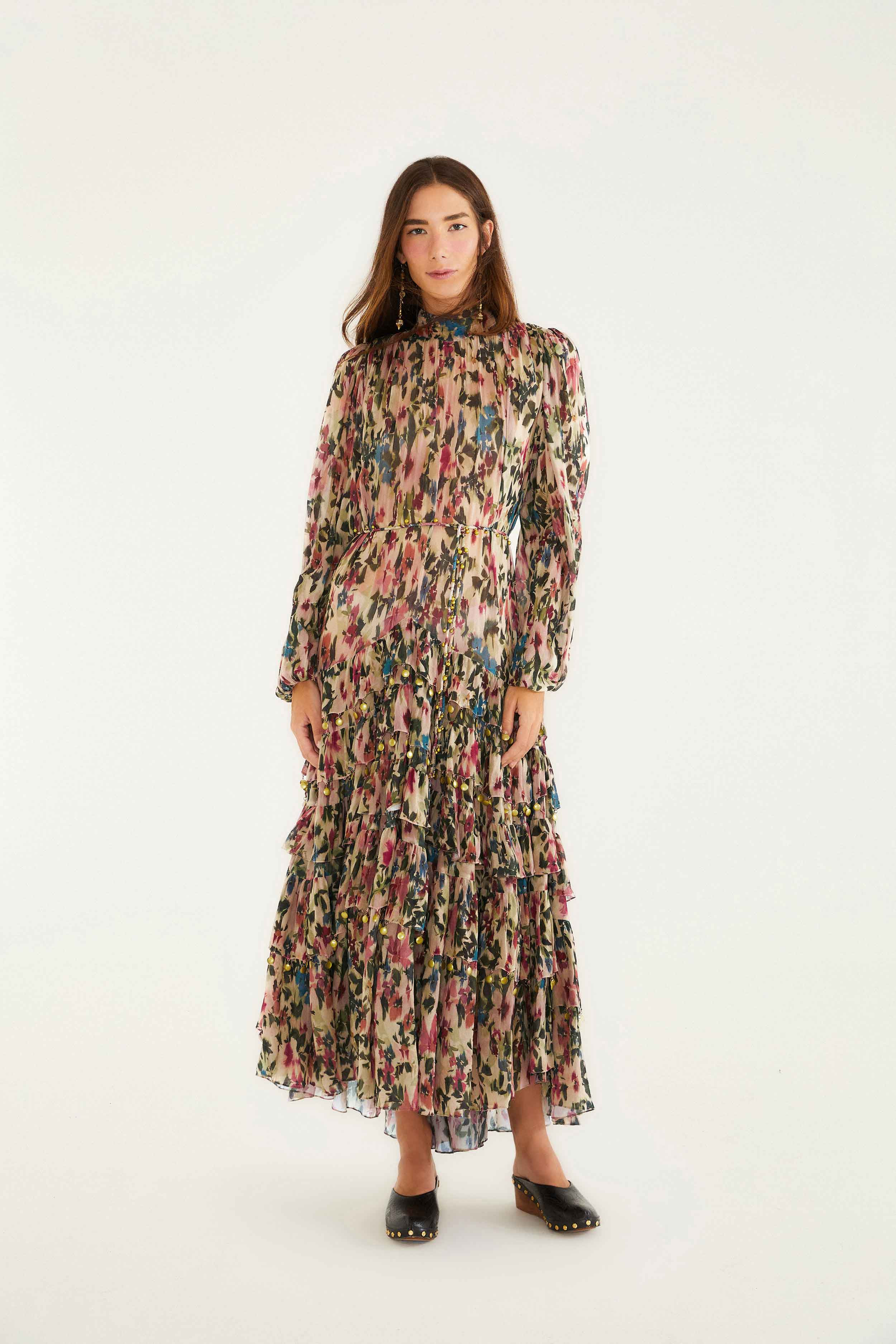 Pink Blurred Tiny Flowers Long Sleeve Maxi Dress | FARM Rio | FarmRio (US)