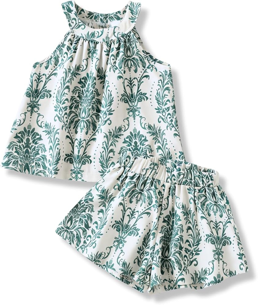 Girls Summer Outfits 2 Piece Halter Neck Floral Sleeveless Top and Short Pants Set Clothes for Ki... | Amazon (US)