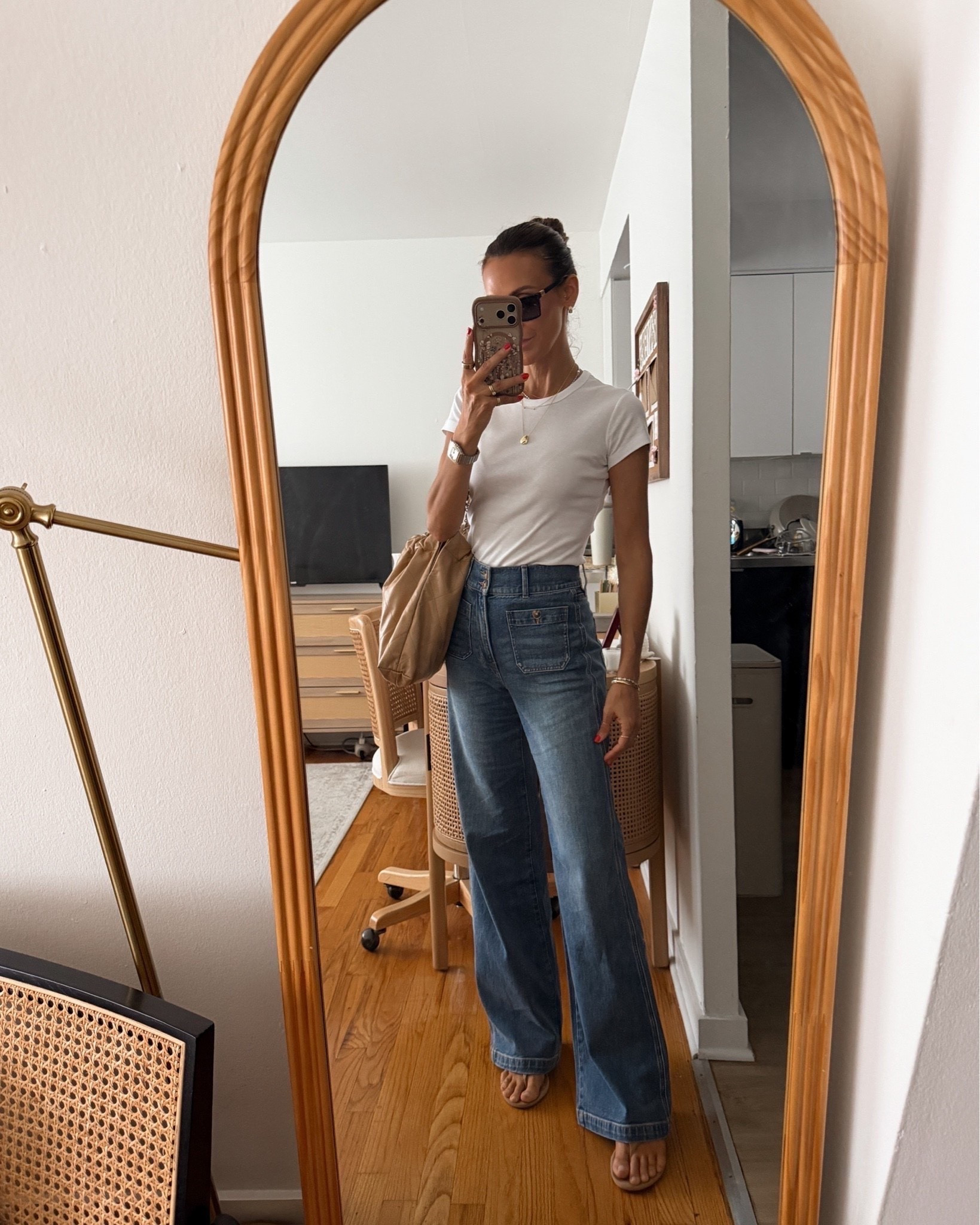 coffee run + travel day outfit 
Wearing the new Veronica beard jeans, white tee and miu miu sunnies from the Nordstrom sale! Both fully stocked right now! Fits tts/25/XS 
My sandals are the comfiest

#LTKgrwm #LTKTravel #LTKOver40