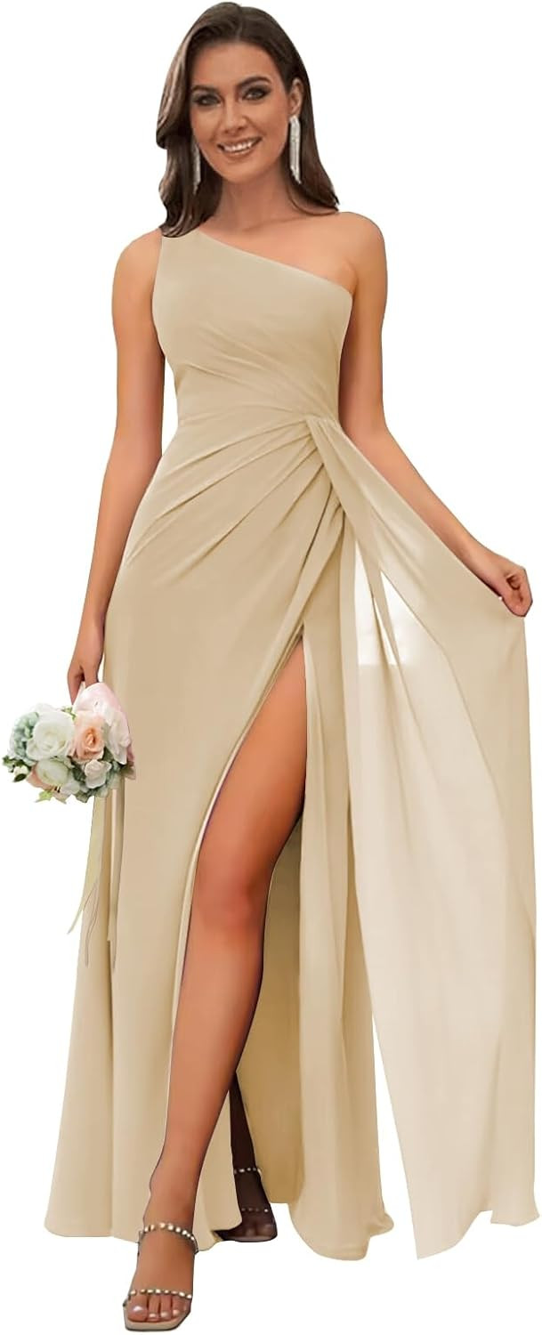 One Shoulder Bridesmaid Dresses for Women Ruched Chiffon A Line Evening Formal Gown with Slit | Amazon (US)