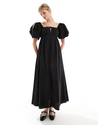 ASOS DESIGN puffed sleeve smock midi dress in black | ASOS (Global)