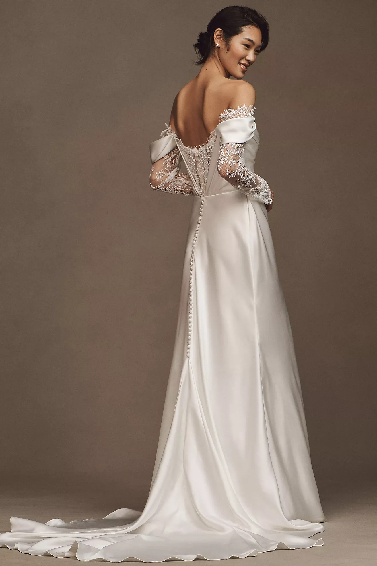 Watters Harlow Off-The-Shoulder Satin & Lace Wedding Gown | Anthropologie (US)