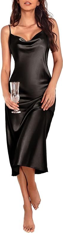 Ekouaer Womens Satin Nightgown Sexy Lingerie Sleepwear Spaghetti Strap Cowl Neck Elegant Long Sli... | Amazon (US)