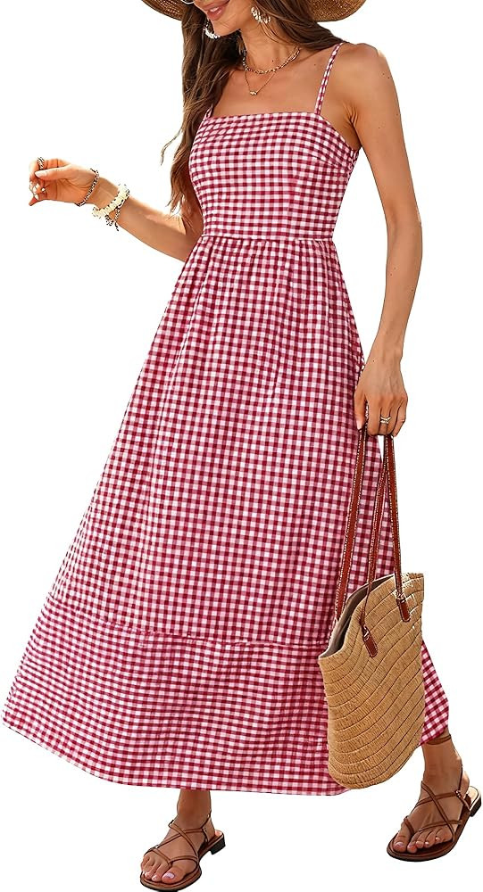 Caracilia Womens Maxi Dresses Gingham Spaghetti Strap Back Smocked Flowy Long Sundress Summer Bea... | Amazon (US)