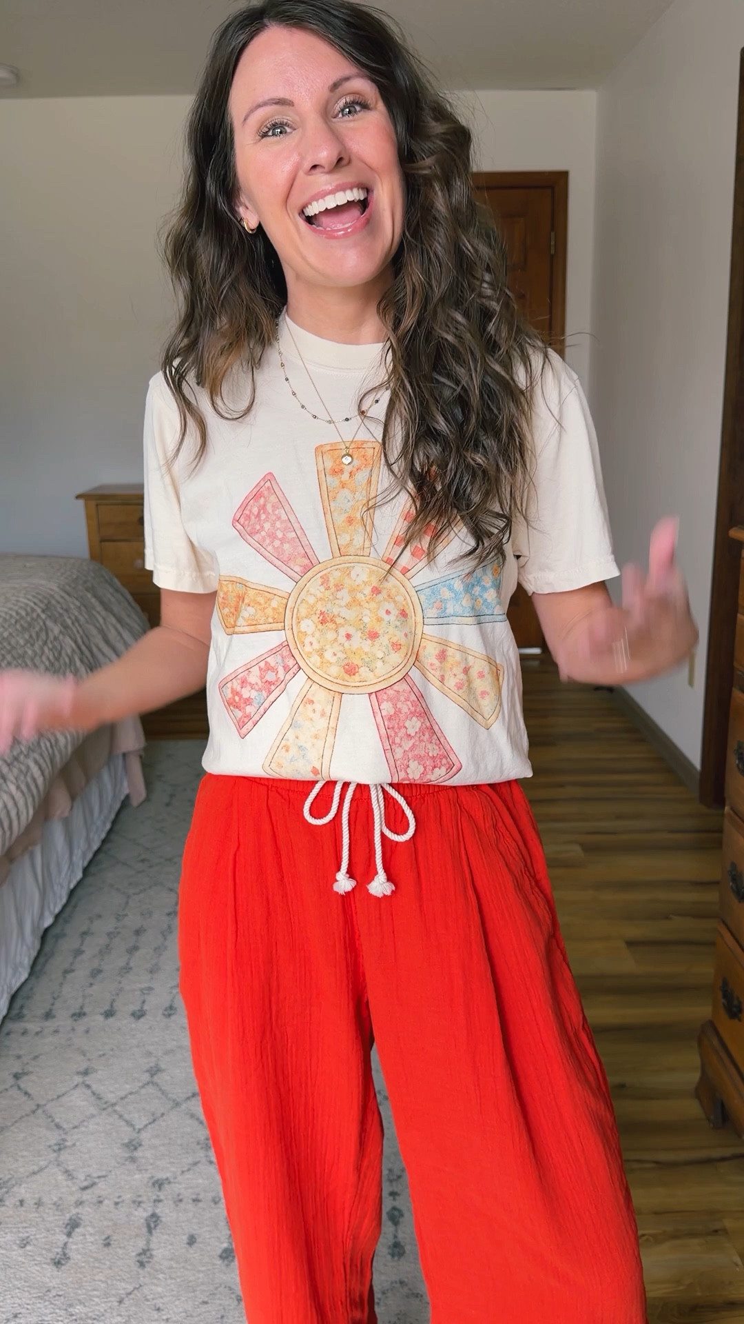 love this adorable sunshine tee! So cute and colorful. Use MARISSA20 for $$$ off!☀️ It pairs nicely with these red gauze cotton pants♥️

Tee: Small 
Red pants: xs petite 
Sandals: 6 



#LTKSeasonal #LTKgrwm #LTKPetite