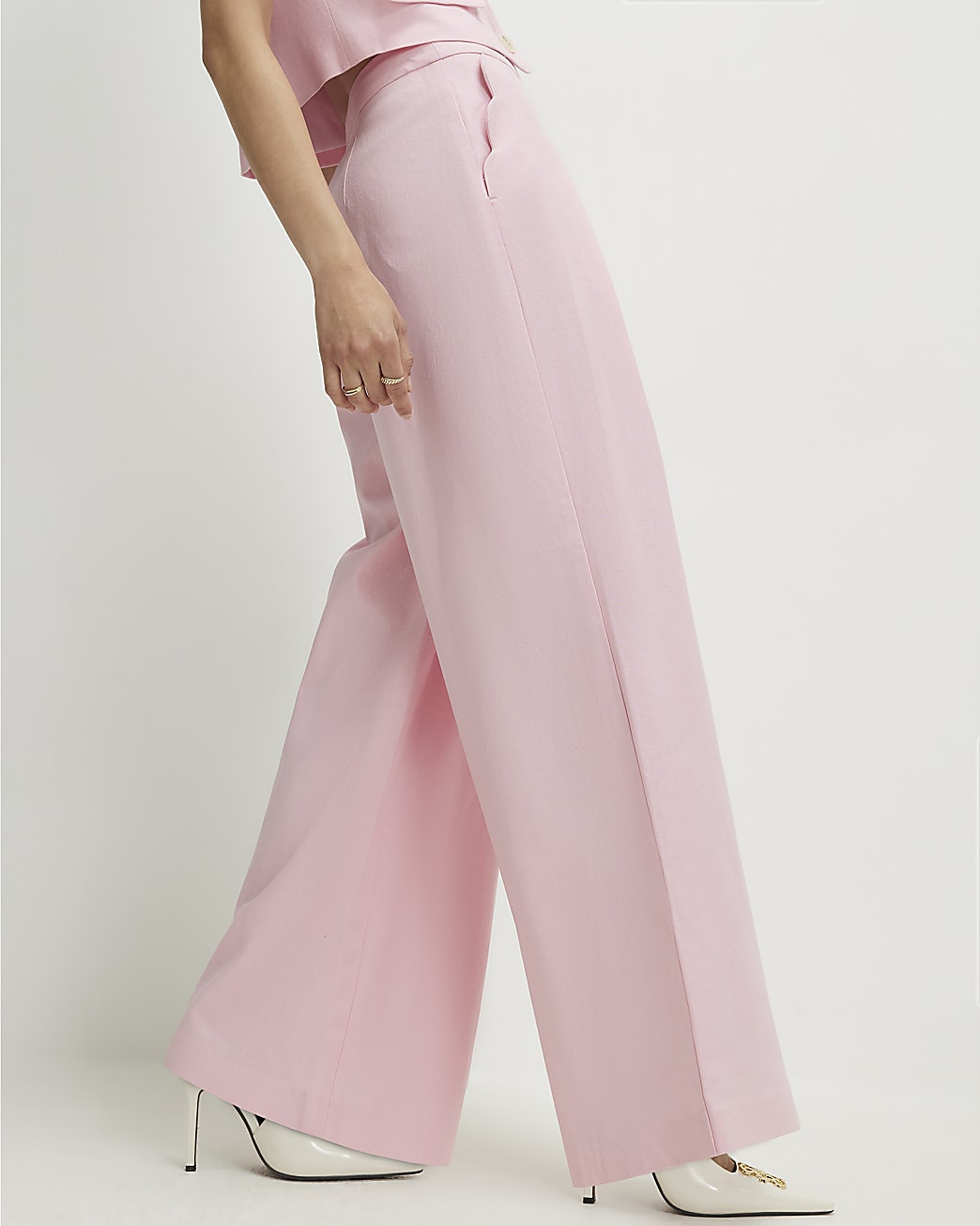 Pink Linen Blend Scalloped Wide Leg Trousers | River Island UK & IE