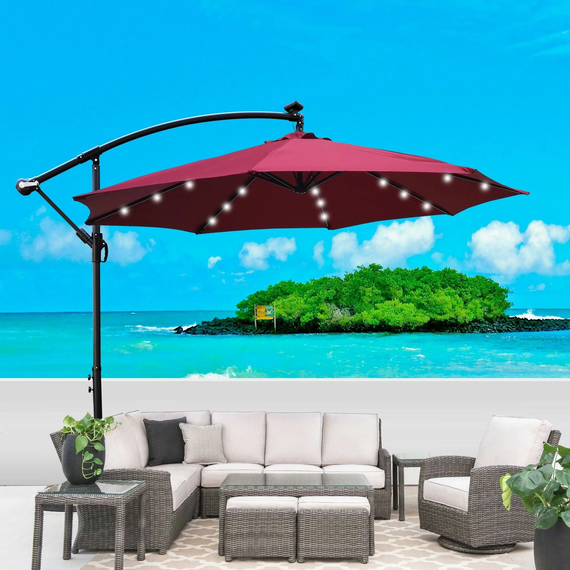 10 ft Outdoor Patio Umbrella Solar Powered LED Lighted Sun Shade Market Waterproof 8 Ribs Umbrella with Crank and Cross Base for Garden Deck Backyard Pool Shade Outside Deck Swimming Pool | Shop Simon
