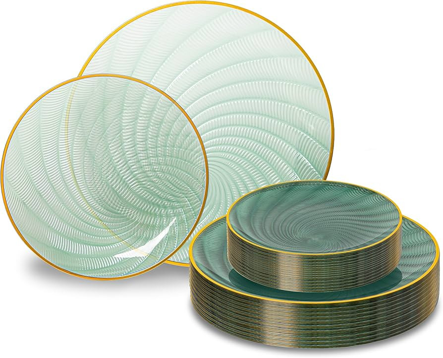 N9R 60PCS Green Plastic Plates for Party, Heavy Duty Disposable Plate with Gold Rim, Elegant Spir... | Amazon (US)