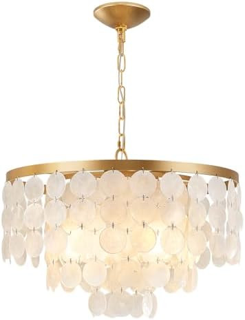 Shell Chandelier, White and Gold Chandelier Light Fixture with 4 Lights Capiz Seashell Pendant fo... | Amazon (US)