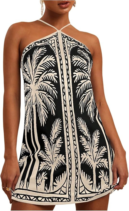 MakeMeChic Women's Backless Dress Tropical Vacation Outfits Halter Cami Summer Boho Beach Mini Dr... | Amazon (US)
