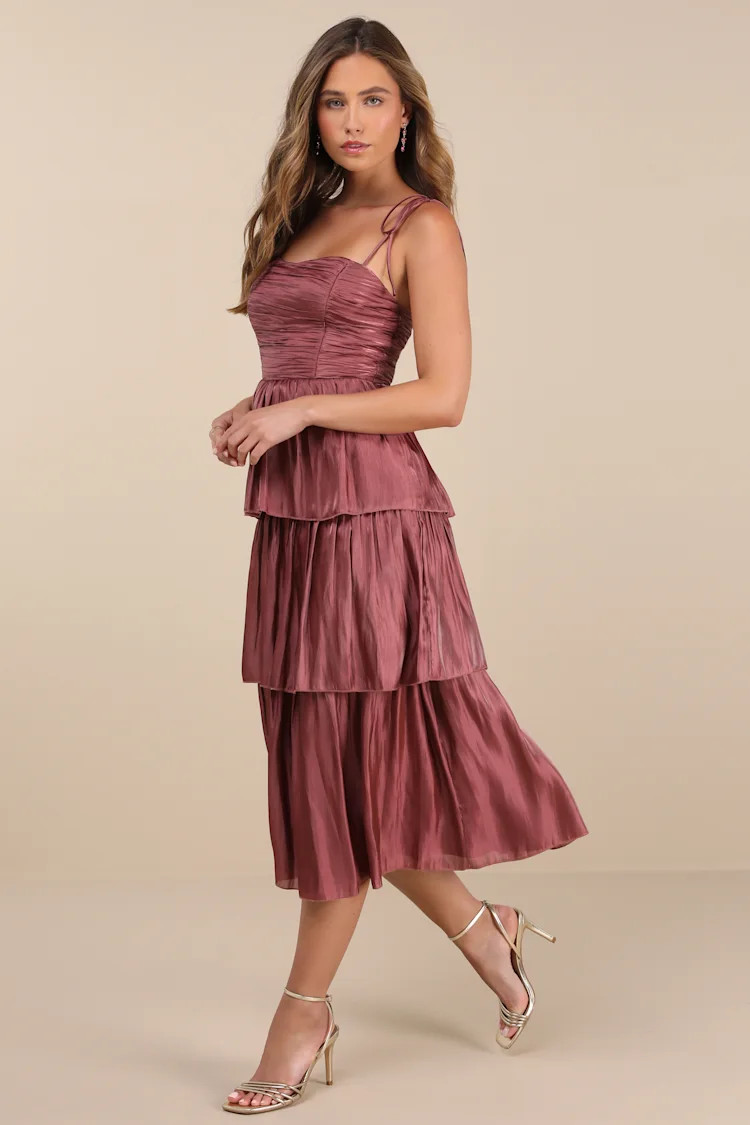 Tennon Dusty Rose Plisse Tiered Midi Dress | Lulus