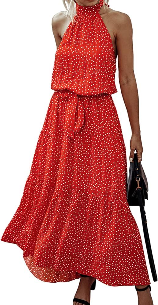 PRETTYGARDEN Women's Casual Halter Neck Sleeveless Floral Long Maxi Dress Backless Loose Ruffle Sund | Amazon (US)