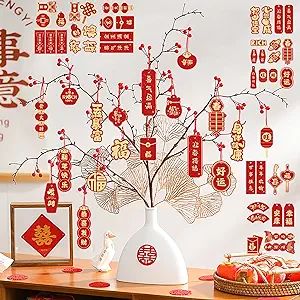57 Pcs Chinese New Year Ornaments Chinese Pendant with Strings Red Hanging Ornaments Lucky Charac... | Amazon (US)