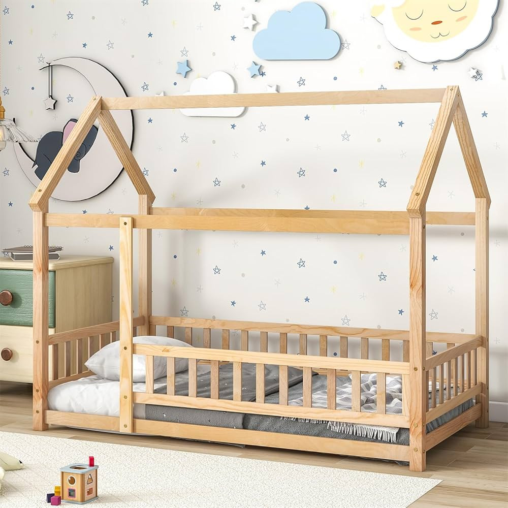 LLS Twin Montessori Bed Frame, Wooden House Bed with Fence and Roof, Floor Bed for Boys Girls Bed... | Amazon (US)